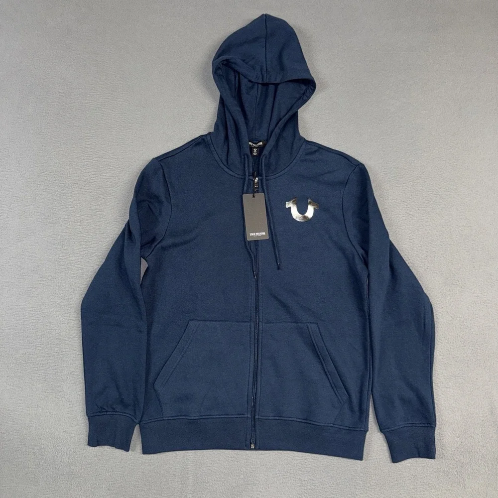 True Religion Full Zip Hoodie Mens Medium Blue Metallic Buddha Sweatshirt NWT